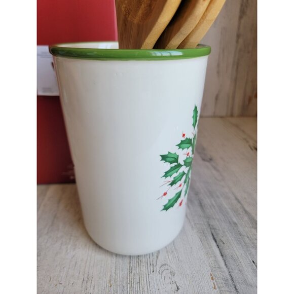 Lenox NEW utensil crock wooden servers holiday mistletoe Xmas decor - Picture 5 of 7